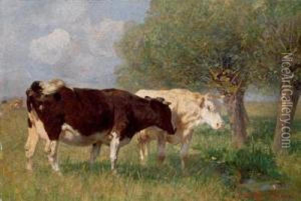Two Cows In The Pasture Oil Painting - Heinrich Johann Von Zugel