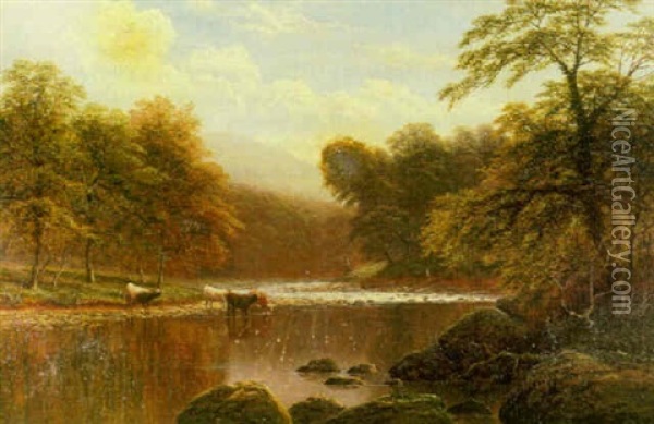 Cattle Watering In A Mountainous River Landscape, North Wales Oil Painting - William Mellor