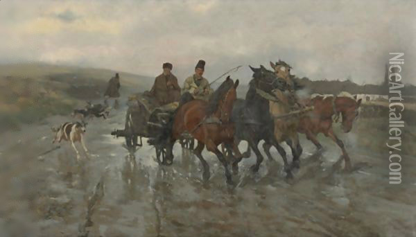 Four Horse Wagon On A Rainy Day Oil Painting - Jozef Chelmonski