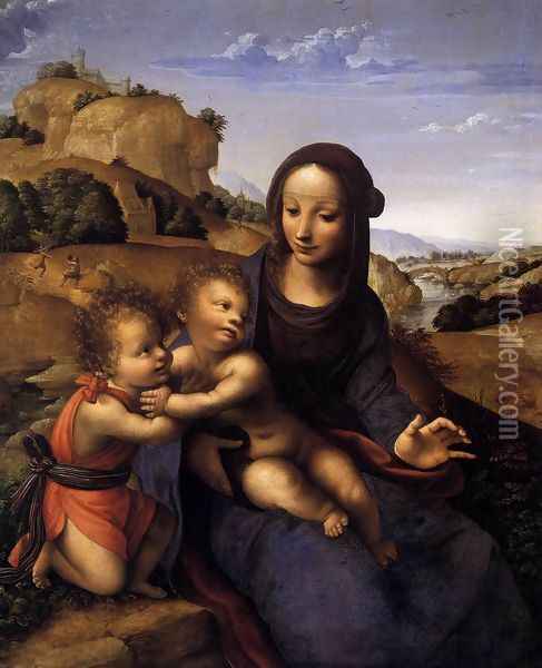 Madonna and Child with Infant St John c. 1505 Oil Painting - Fernando Yanez De la Almedina