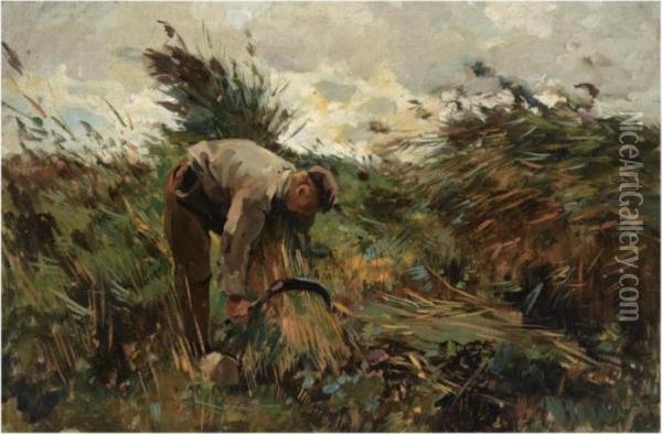 A Reed Cutter Oil Painting - Cornelis Vreedenburgh