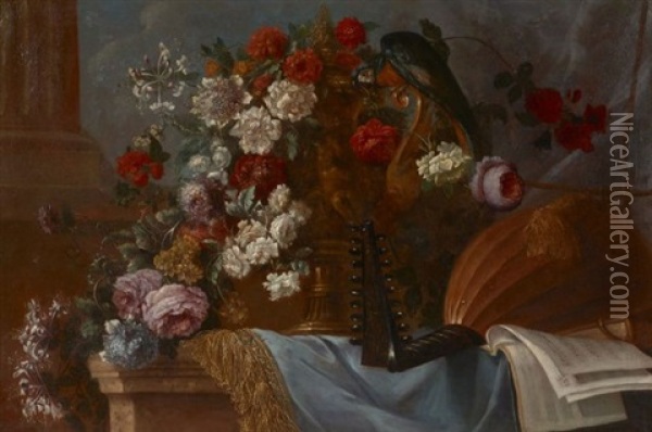 Luth, Partition Et Bouquet De Fleurs Dans Un Vase D'orfevrerie Sur Un Entablement Oil Painting - Pierre Nicolas Huilliot