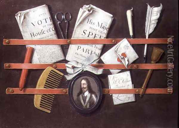 Letter rack with documents and miniature of Charles I Oil Painting - Edwart Collier
