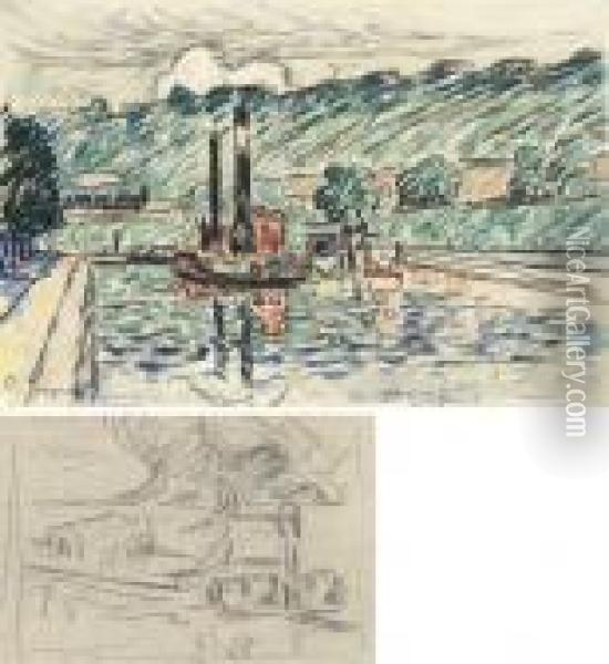 Samois (recto); Etude De Remorqueur Sur Le Canal (verso) Oil Painting - Paul Signac
