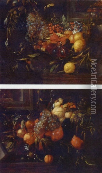 A Swag Of Grapes, Lemons, Redcurrents, Figs And Peaches Decorating A Niche Oil Painting - Jan Davidsz De Heem