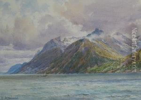Marine Scene With A Sailing Vessel And Snow Capped Mountains Beyond Oil Painting - Frederick R. Fitzgerald