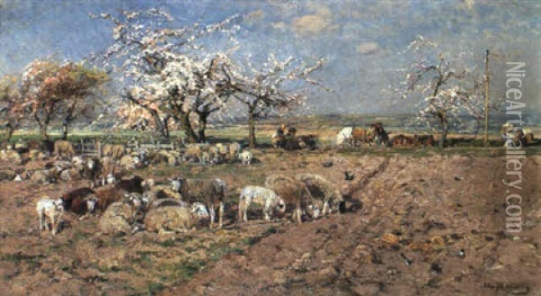 Schafherde Unter Bluhenden Obstbaumen Oil Painting - Hugo Muehlig