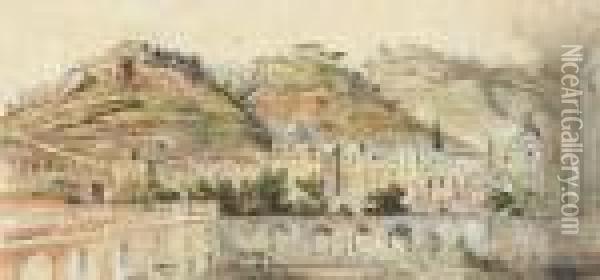 La Villa Lucia Vue De Naples
 Aquarelle Gouachee Sur Trait De Crayon Noir Oil Painting - Anthonie Sminck Pitloo