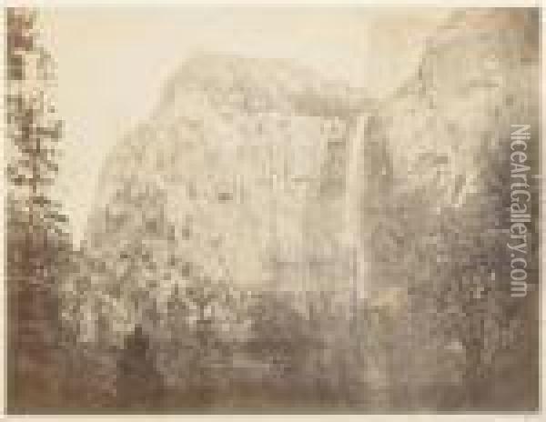 Yosemite. Bridal Veil Falls. Oil Painting - Carleton E. Watkins