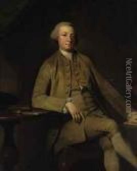 Portrait Of A Gentleman Seated, Full-length, A Table Besidehim Oil Painting - George Romney