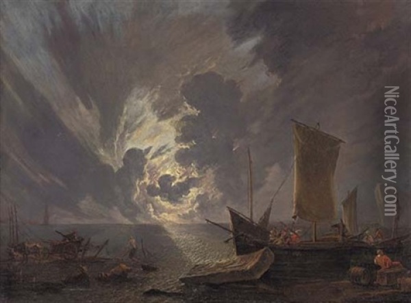 A Coastal Landscape At Sunset With Stevedores And Shipping Oil Painting - Lieve Pietersz Verschuier