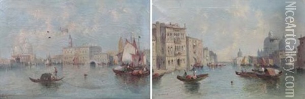 Grand Canal Venice; Across The Lagoon (pair) Oil Painting - William Meadows