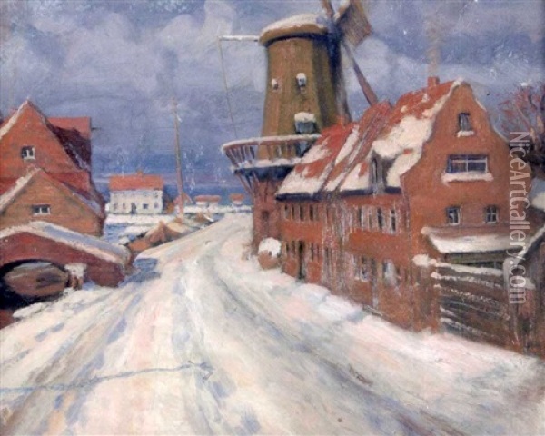 Windmuhle An Der Verschneiten Hafenmole Oil Painting - Mathieu Molitor