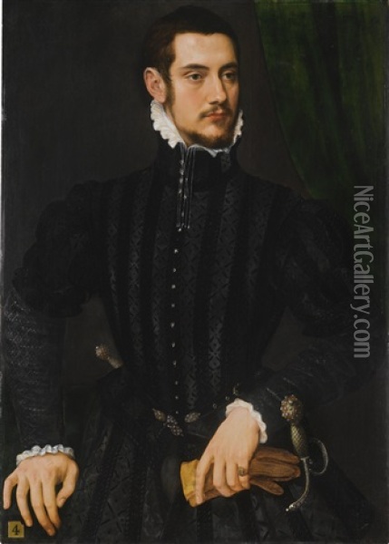 Portrait Of A Gentleman, Said To Be 'perari Di Cremona', Half-length, Wearing A High-collared Black Coat With White Cuffs And Collar, Holding A Pair Of Gloves, Standing Before A Green Curtain Oil Painting - Willem Key