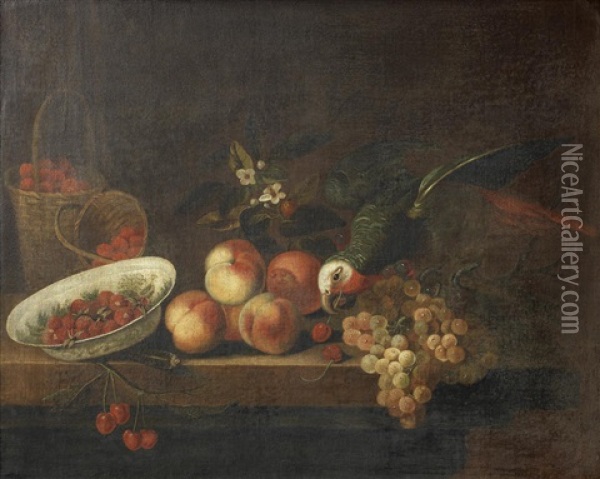 A Dish Of Strawberries And A Parrot, With Peaches And Grapes On A Table Top Oil Painting - Tobias Stranovius