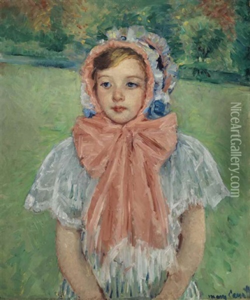 Girl In A Bonnet Tied With A Large Pink Bow Oil Painting - Mary Cassatt