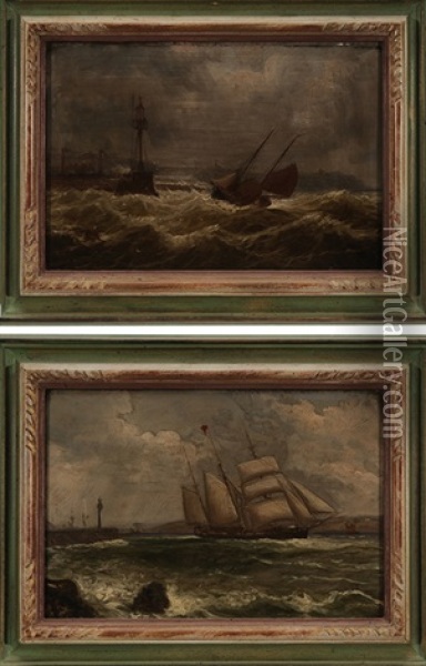 Harrington Pier, Cumberland And Homeward Bound, Caradock Breaking Through Donaghadee Sound (pair) Oil Painting - William Mitchell