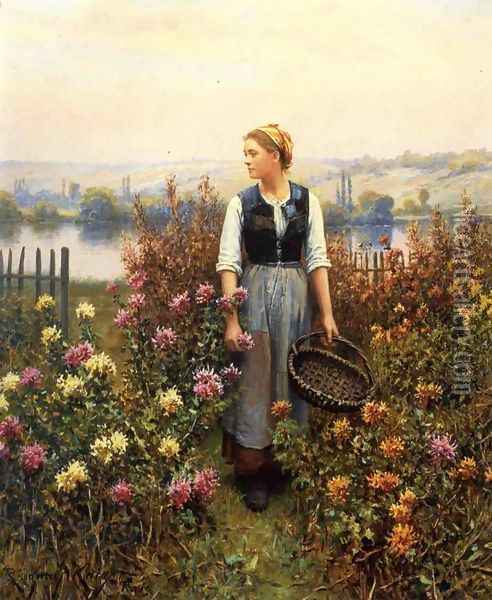 Girl With A Basket In A Garden Oil Painting - Daniel Ridgway Knight