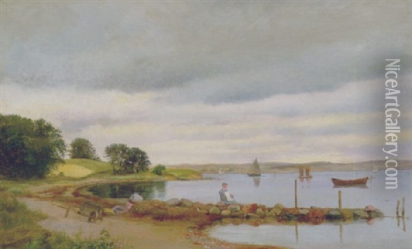 Fjordparti Med Mand, Der Betragter Sejlbadene Pa Vandet Oil Painting - Isidor Kalckar