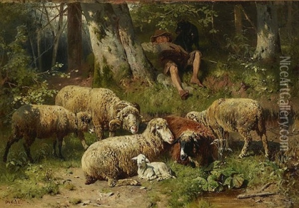 Ruhender Hirtenknabe Mit Schafen Auf Der Waldlichtung Oil Painting - Otto Friedrich Gebler