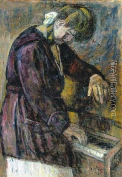 Girl Before Harmonium, About 1922 Oil Painting - Istvan Nagy