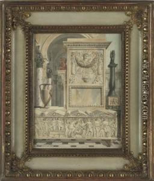 A Classical Capriccio With A Sarcophagus In The Foreground Oil Painting - Charles Percier