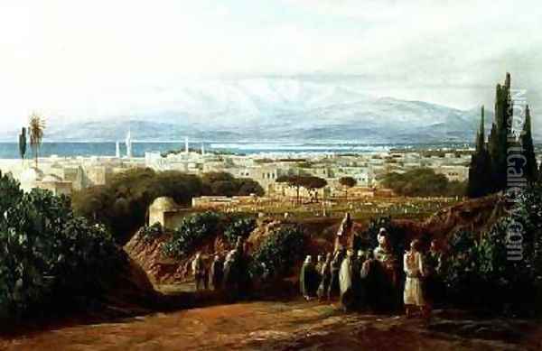 City with cemetery Oil Painting - Edward Lear