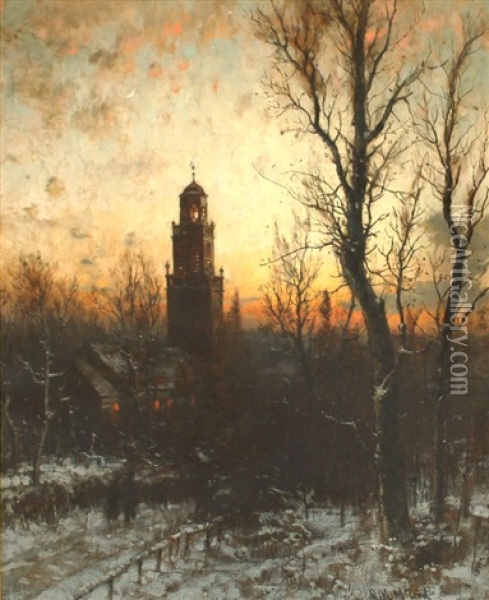 Luminous Sunset With Man Walking To Church Oil Painting - George Herbert McCord