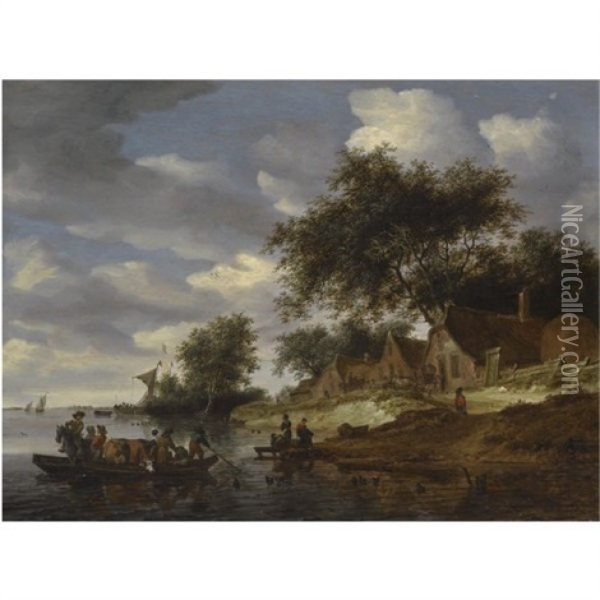 A River Landscape With Figures Crossing To The Shore On A Cattle Ferry, With Washerwomen On The Bank Oil Painting - Salomon van Ruysdael