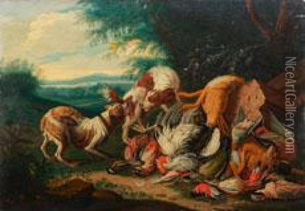 Jagdhunde Im Streit Um Ihre Beute Aus Hasen Und Wildvogeln Oil Painting - Adriaen de Gryef