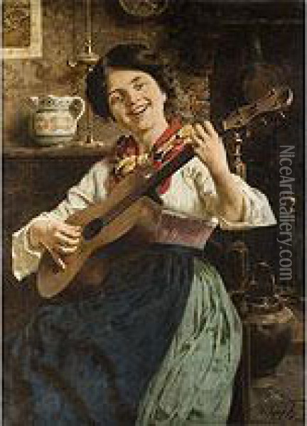 Junge Gitarrenspielerin Oil Painting - Eugenio Zampighi