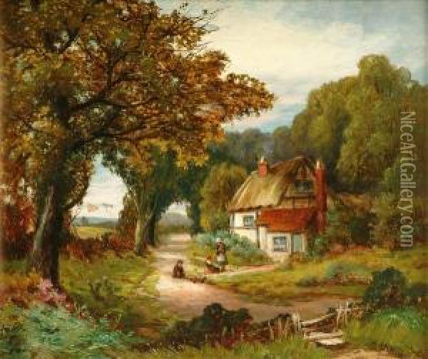 Children Before A Thatched Cottage Oil Painting - Robert John Hammond