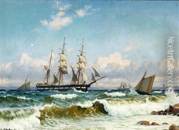Bark And Pilot Boat Off The Coast In Stormy Weather Oil Painting - Christian Blache