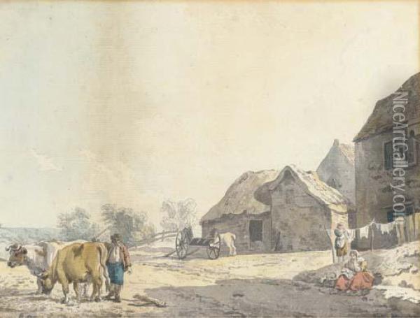 A Farm On The Outskirts Of A Village Oil Painting - Francis Wheatley