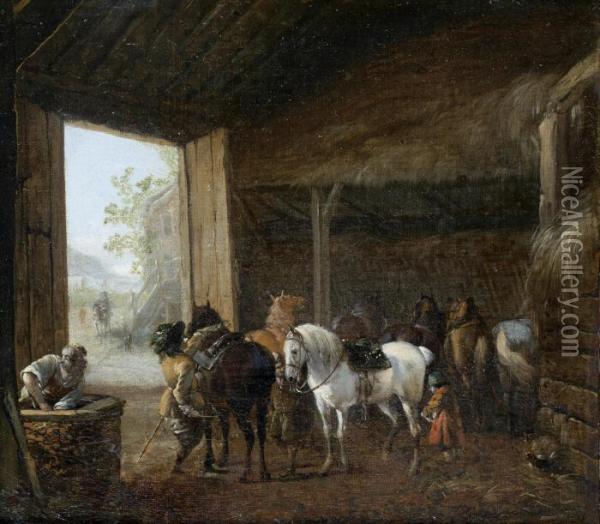 A Stable Interior With Two 
Horses Being Saddled And Other Horses Standing In Their Stalls Oil Painting - Pieter Wouwermans or Wouwerman