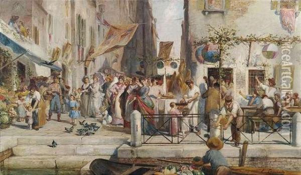 Hustle And Bustlein A Venetian Street. Oil Painting - Egisto Lancerotto