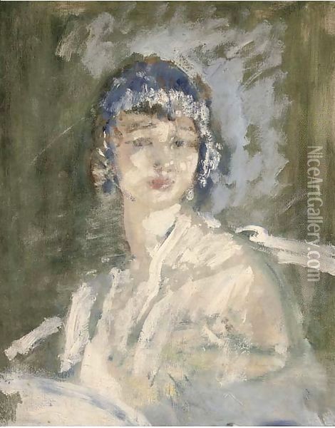 Portrait of a lady, bust-length, in a white dress Oil Painting - Ambrose McEvoy
