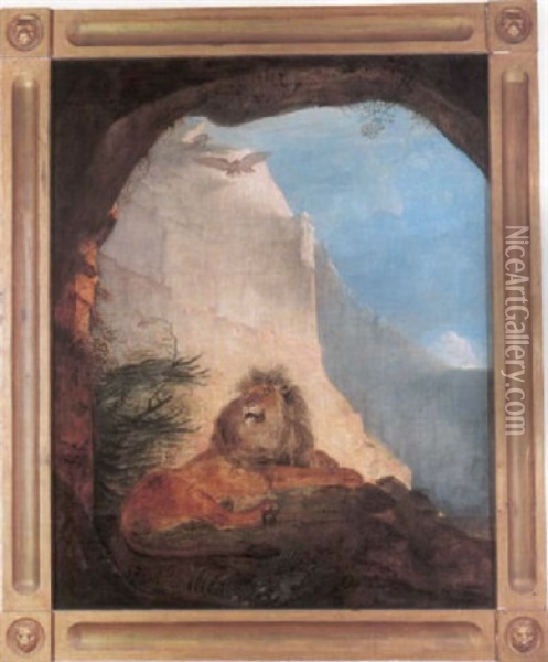 A Lion Resting In A Rocky Landscape Oil Painting - Jacques-Laurent Agasse
