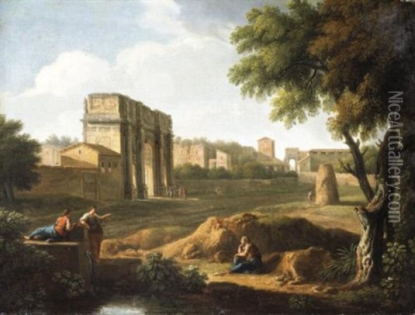 Rome, A View Of The Forum With The Arch Of Constantine And The Arch Of Titus Beyond Oil Painting - Giovanni Battista Busiri