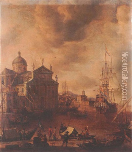 A Capriccio Of A Southern Seaport With Figures On A Quayside, Small Craft Before A Church And A Group Being Rowed Out To A Dutch Ship Oil Painting - Jan Abrahamsz. Beerstraten
