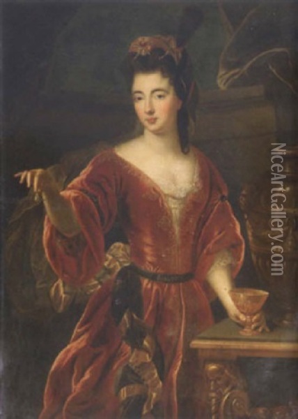 Portrait Of A Lady In A Crimson Dress, As Cleopatra Oil Painting - Jean-Baptiste Santerre