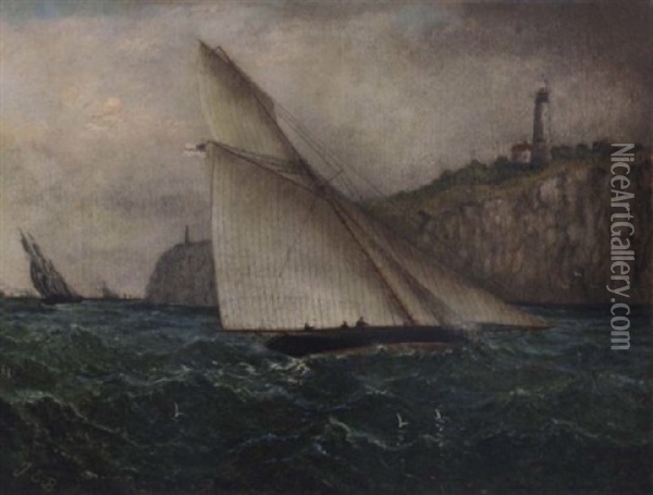 A Racing Cutter Tacking Inshore Oil Painting - James Edward Buttersworth