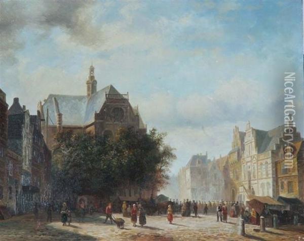 Dutch Market Town With Numerous Figures Oil Painting - Cornelis Springer