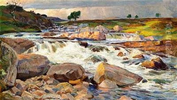 Norsk Landskab Med Brusende Fos Oil Painting - Gudmund Stenersen