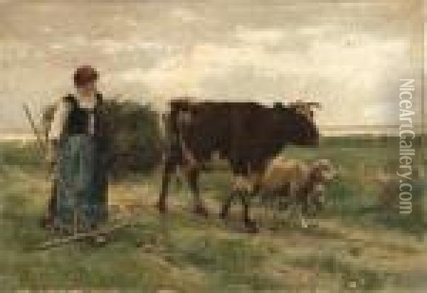 Shepherdess With A Cow And Sheep On A Path Oil Painting - Julien Dupre