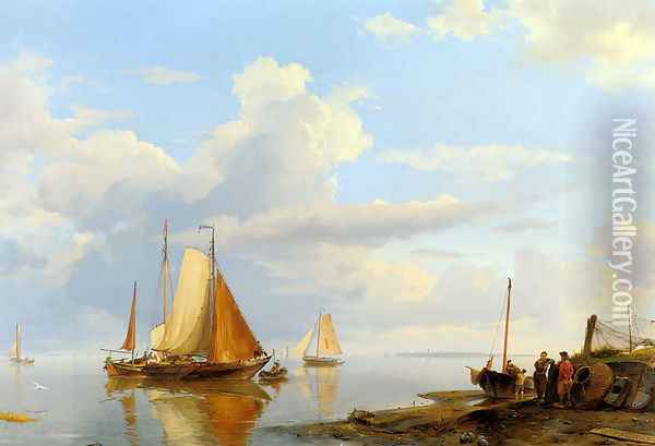 Figures Coming Ashore in a Calm Oil Painting - Hermanus Jr. Koekkoek