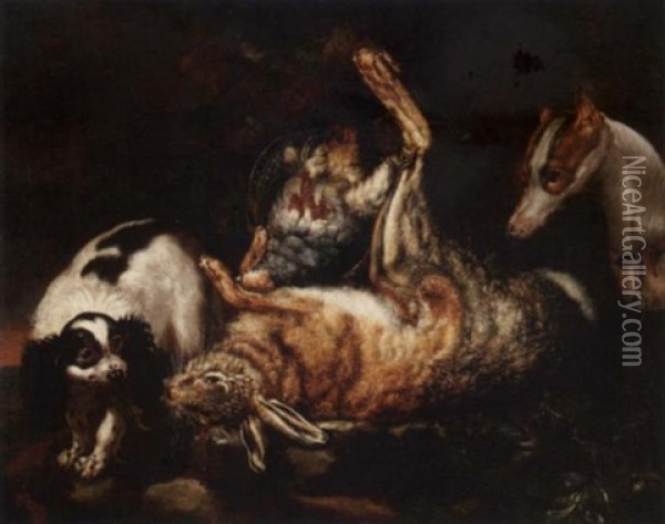 Still Life Of Game With A King Charles Spaniel And A Greyhound Oil Painting - Jan Fyt