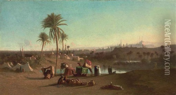 A Camel Train At An Oasis, Cairo Beyond Oil Painting - Charles Theodore (Frere Bey) Frere