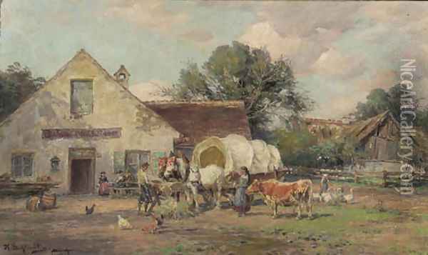 Horses resting by a tavern Oil Painting - Karl Stuhlmuller