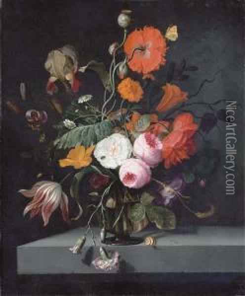 Roses, Camomile, Poppies, A Tulip, Carnations Oil Painting - Jacob van Walscapelle